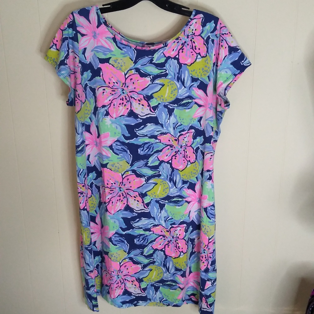 Lilly Pulitzer Blue Floral Midi Dress with Pink and Lime Accents
